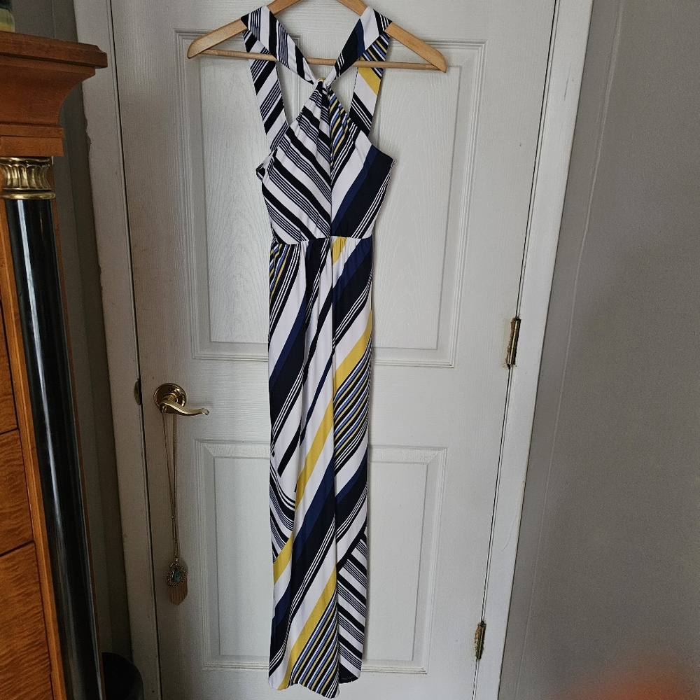Striped Maxi Dress with Yellow and Blue Accents